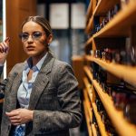 Young lady having a shopping time, trying glasses on.